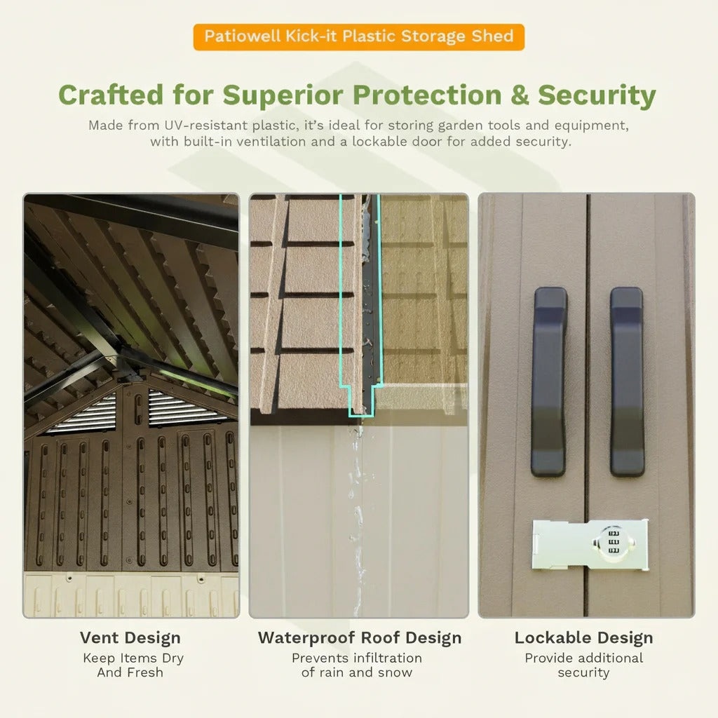 Kick-it 8x10 Plastic Shed with Floor and Windows, Khaki & Beige