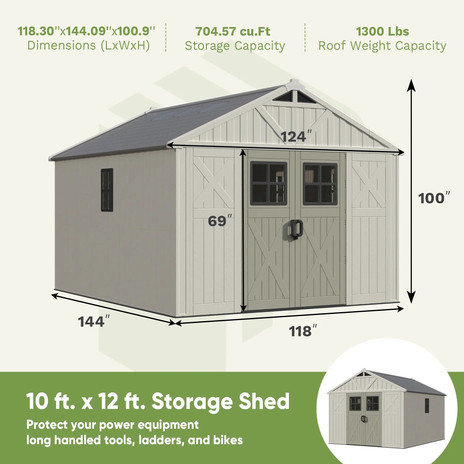 10x12ft Resin Storage Shed with Skylight & Lockable Door & Windows