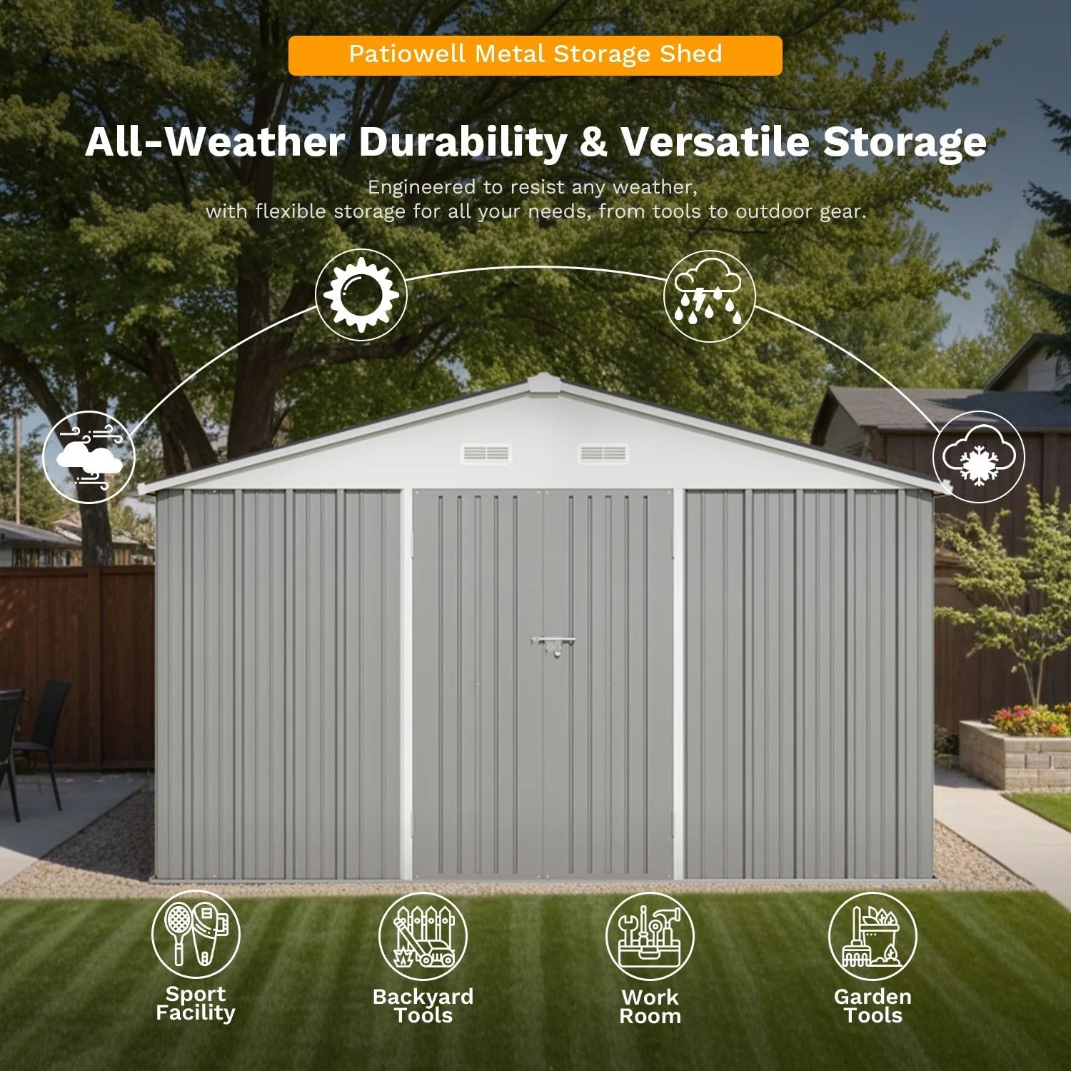 Patiowell 12x12 Large Metal Shed with Weather Resistance, Gray