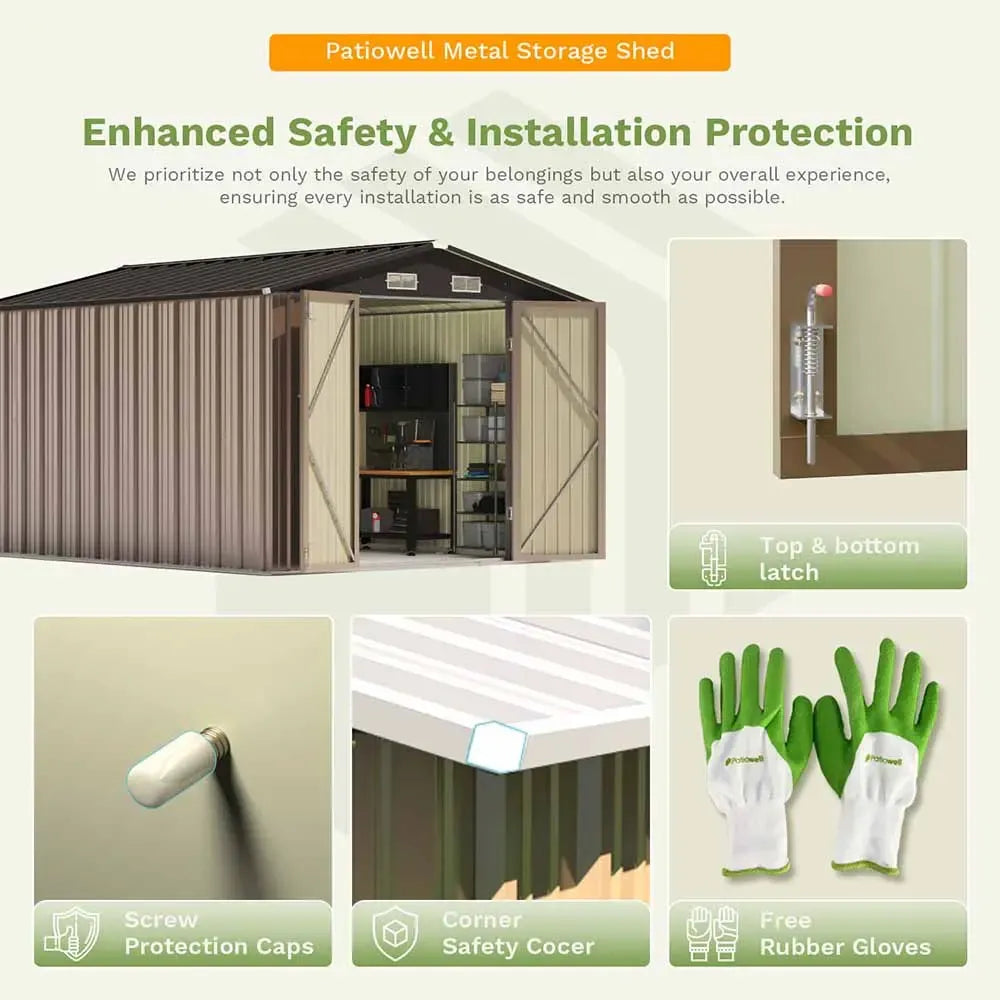 Patiowell 10x8 Metal Shed with Weather Resistance, Brown