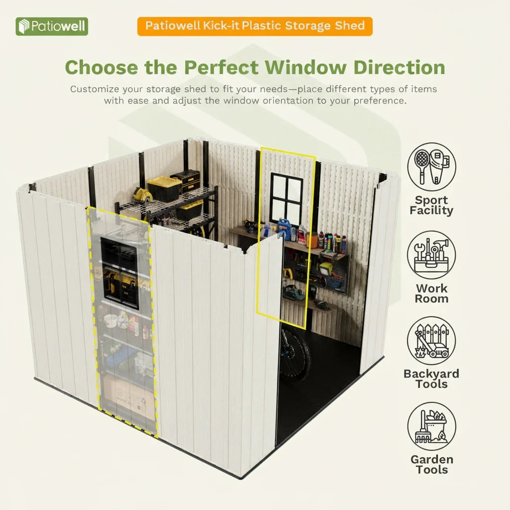 Kick-it 8x10 Plastic Shed with Floor and Windows, Khaki & Beige