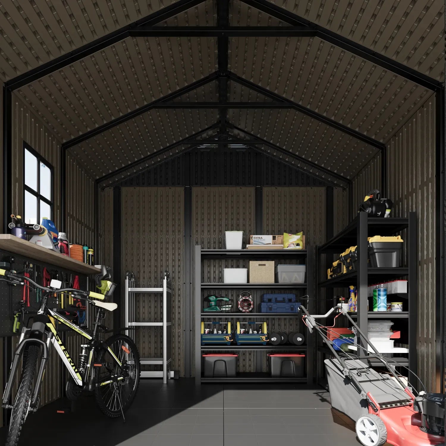 Kick-it 8x8 Plastic Storage Shed with Floor and Lights, Brown