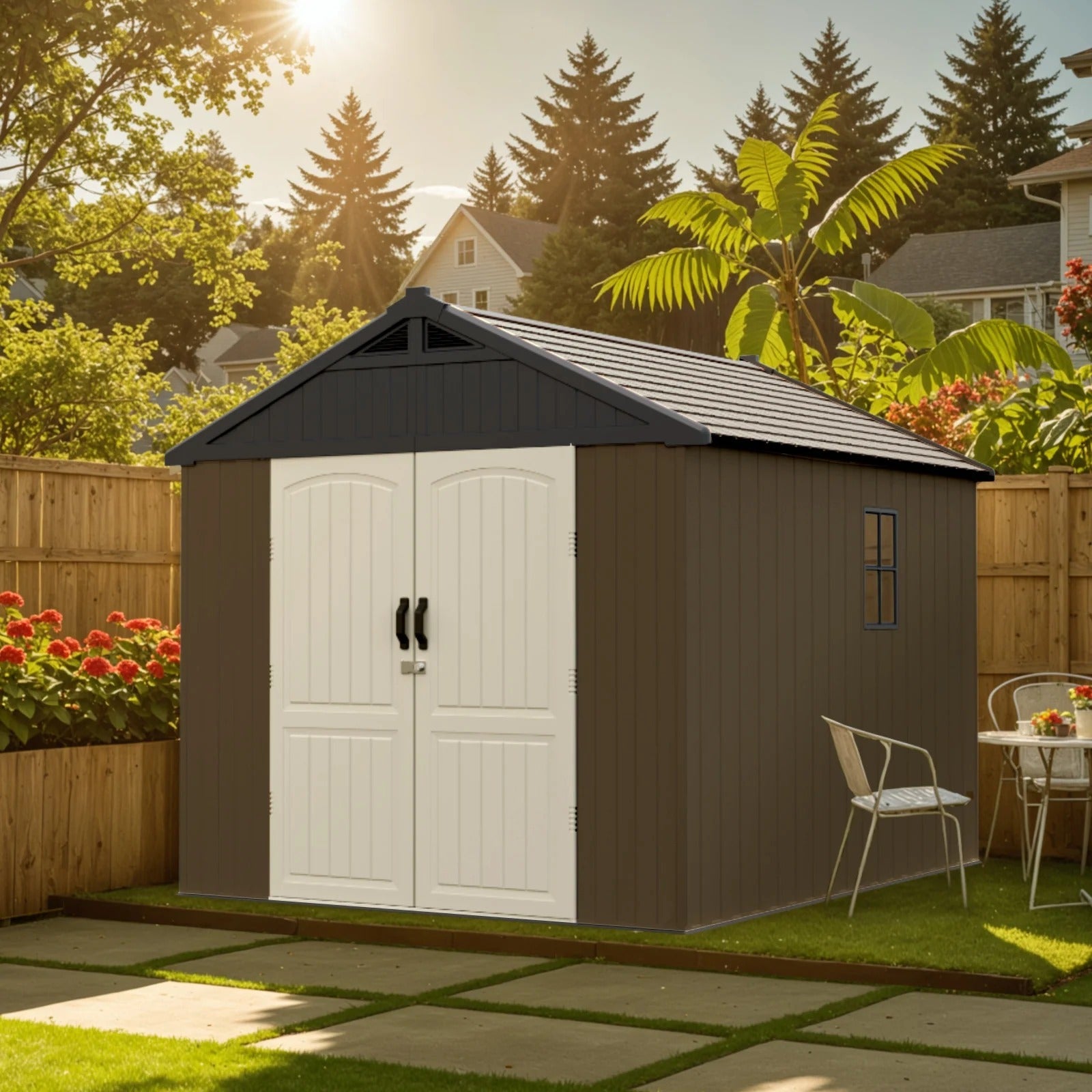Kick-it 8x8 Plastic Storage Shed with Floor and Lights, Brown