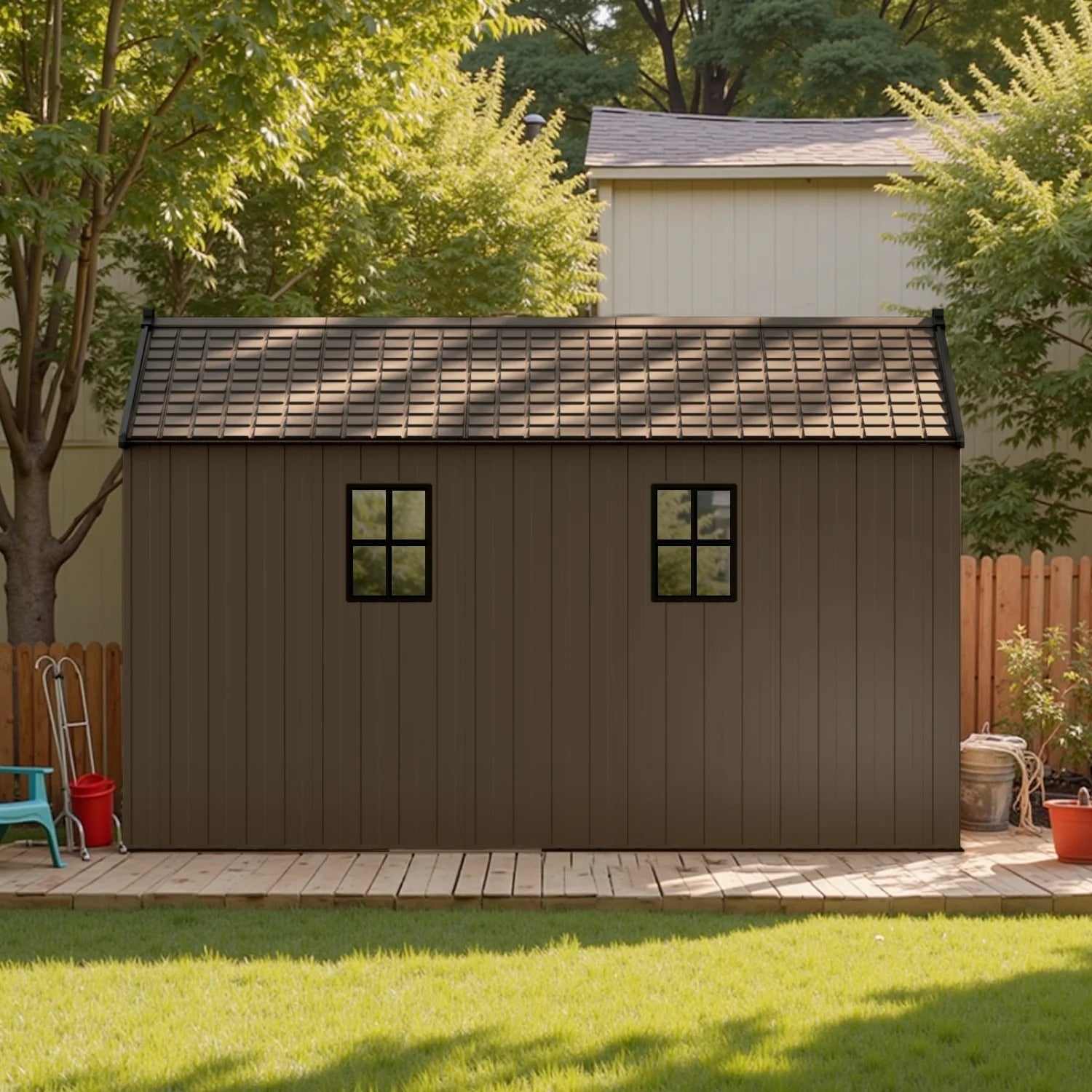 Kick-it 8x12 Plastic Storage Shed with Floor and Lights, Brown