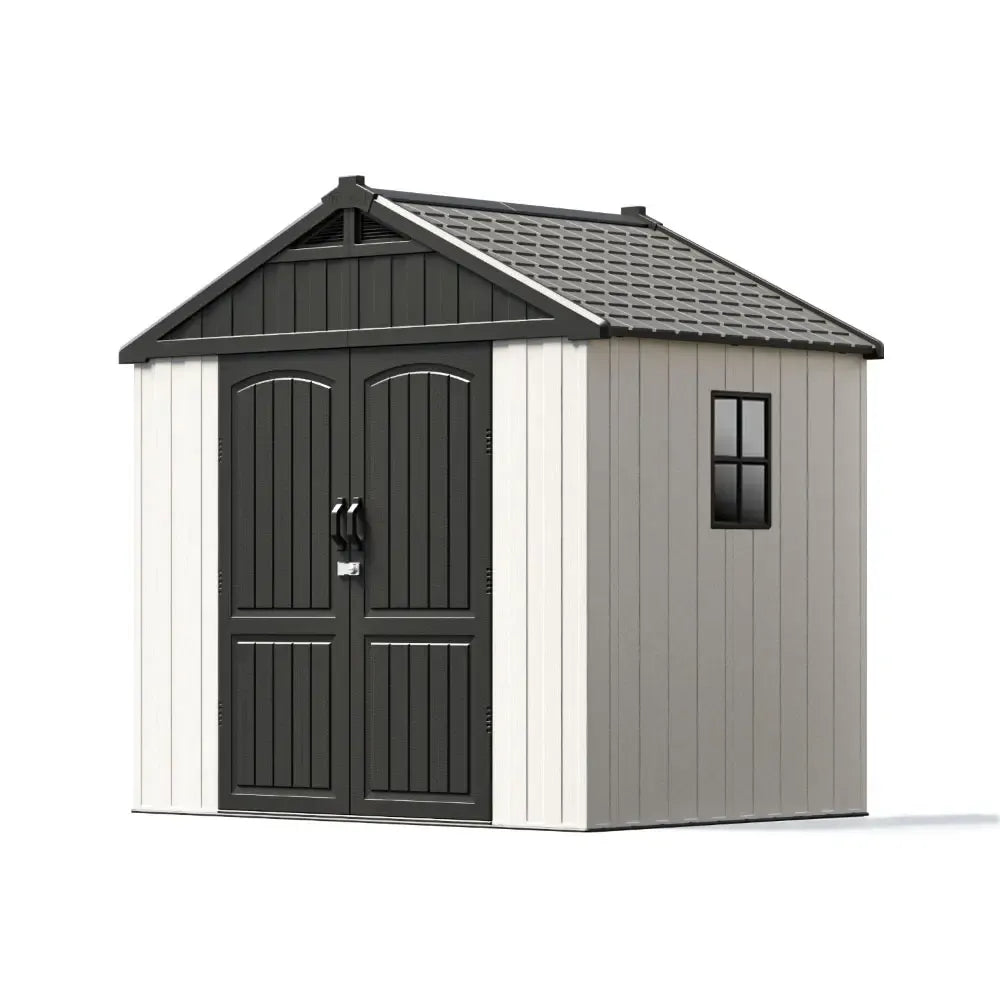 Kick-it 8x6 Plastic Storage Shed with Floor, Gray White