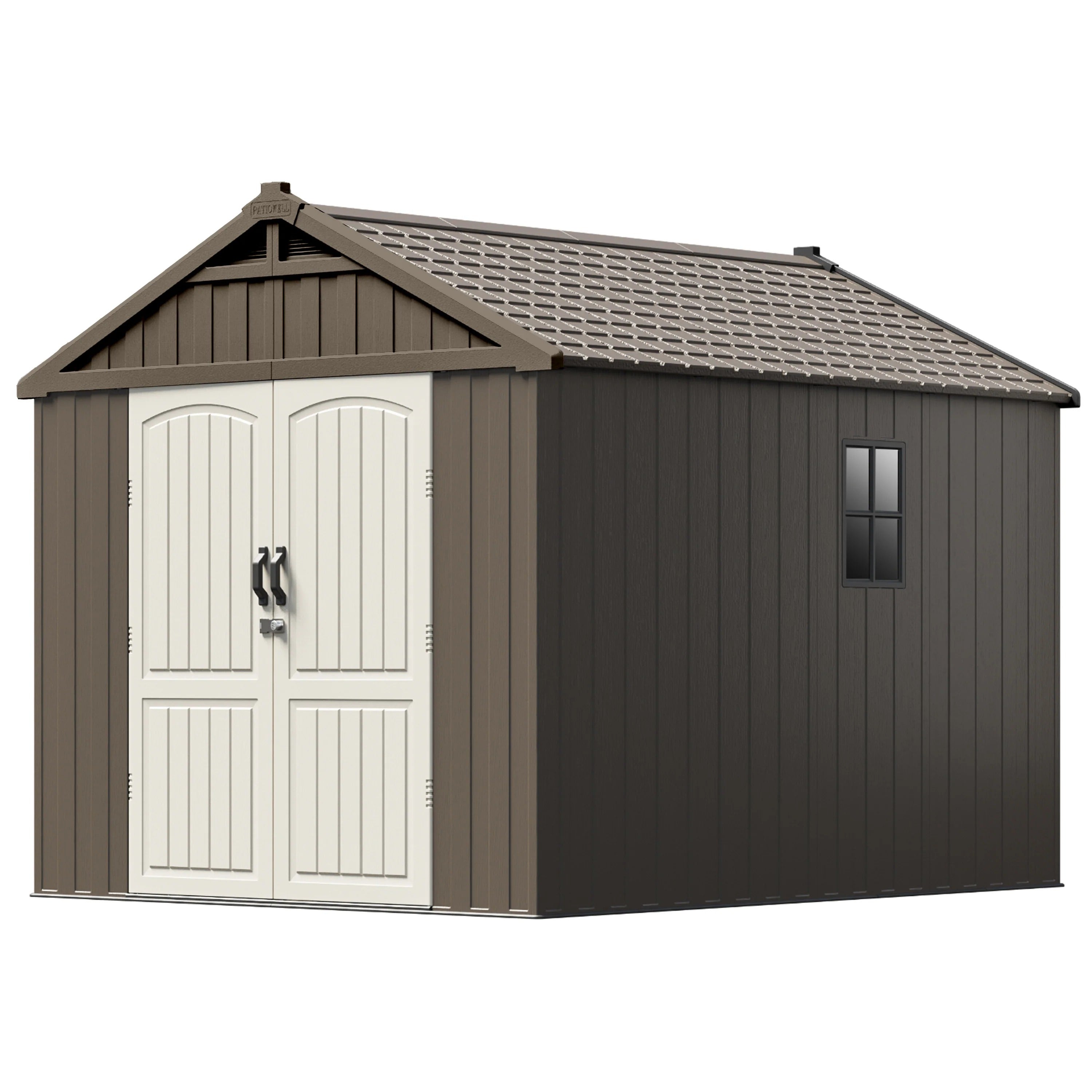 Kick-it 8x10 Plastic Storage Shed with Floor and Lights, Brown