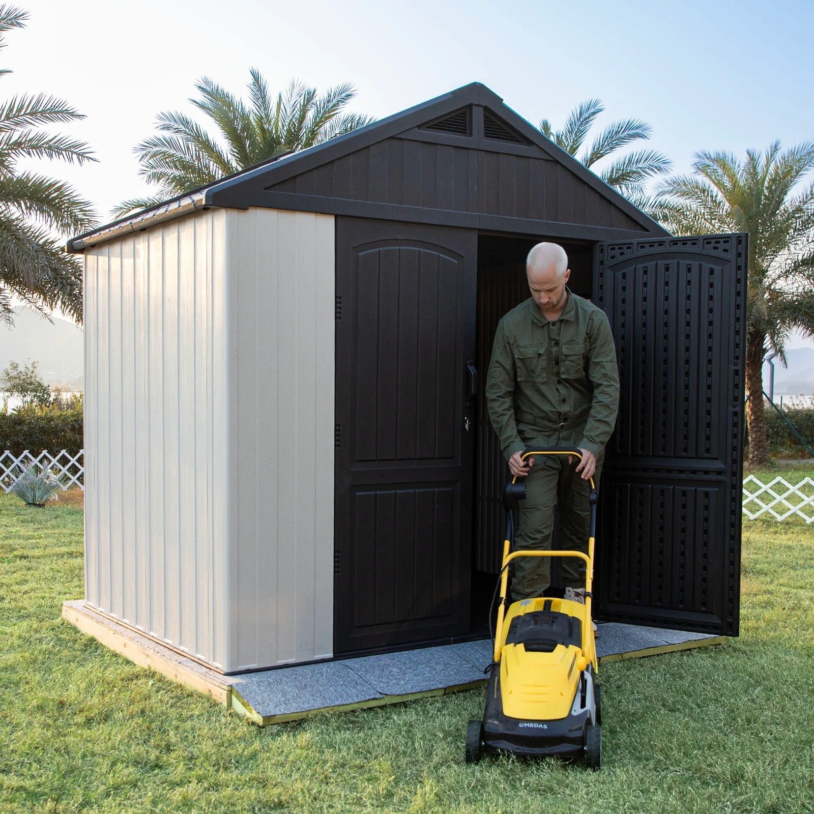 Kick-it 8x6 Plastic Storage Shed with Floor, Gray White