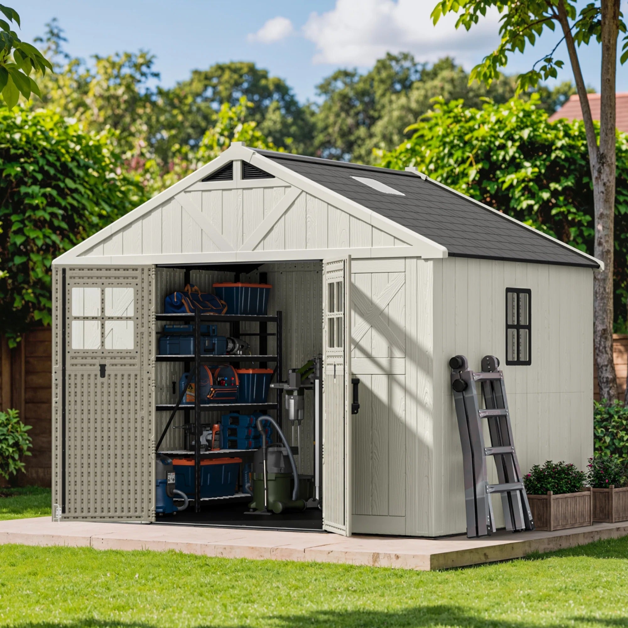 10x8 FT Kick-it Plastic Storage Shed with Skylight & Windows