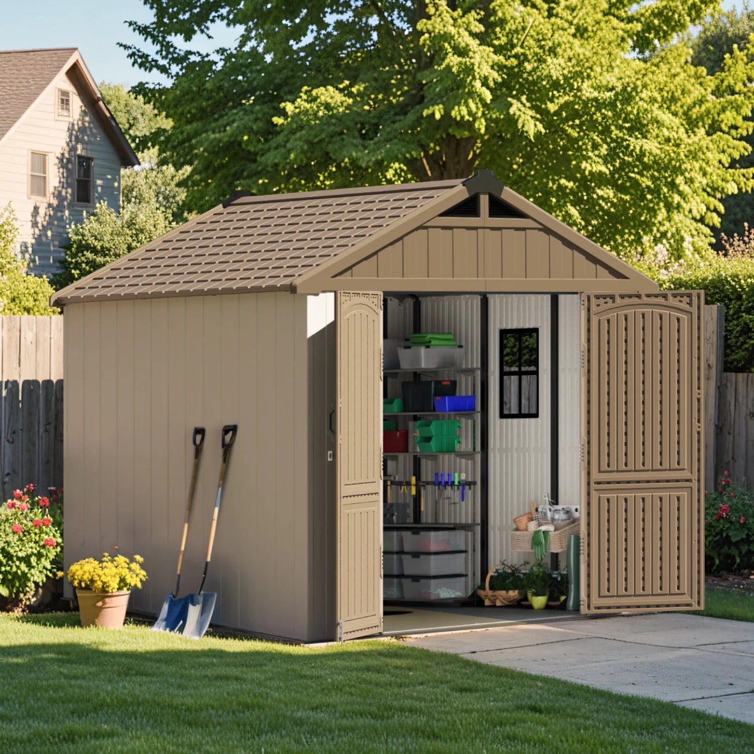 Kick-it 8x8 Plastic Storage Shed with Floor, Khaki & Beige