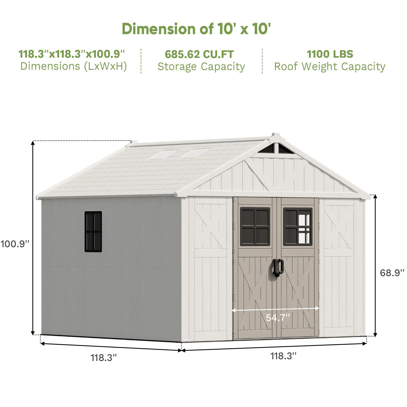10x10 FT Plastic Storage Shed with Skylight & Windows & Lock