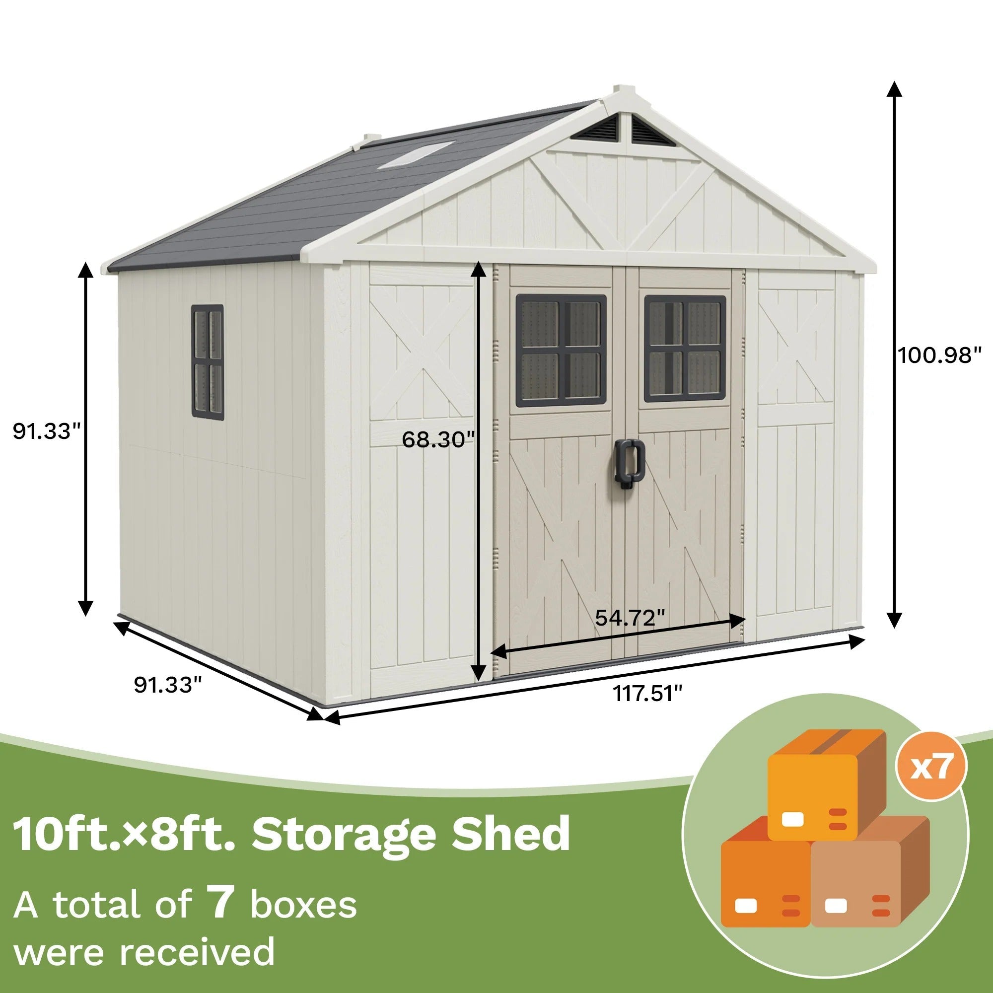 10x8 FT Kick-it Plastic Storage Shed with Skylight & Windows