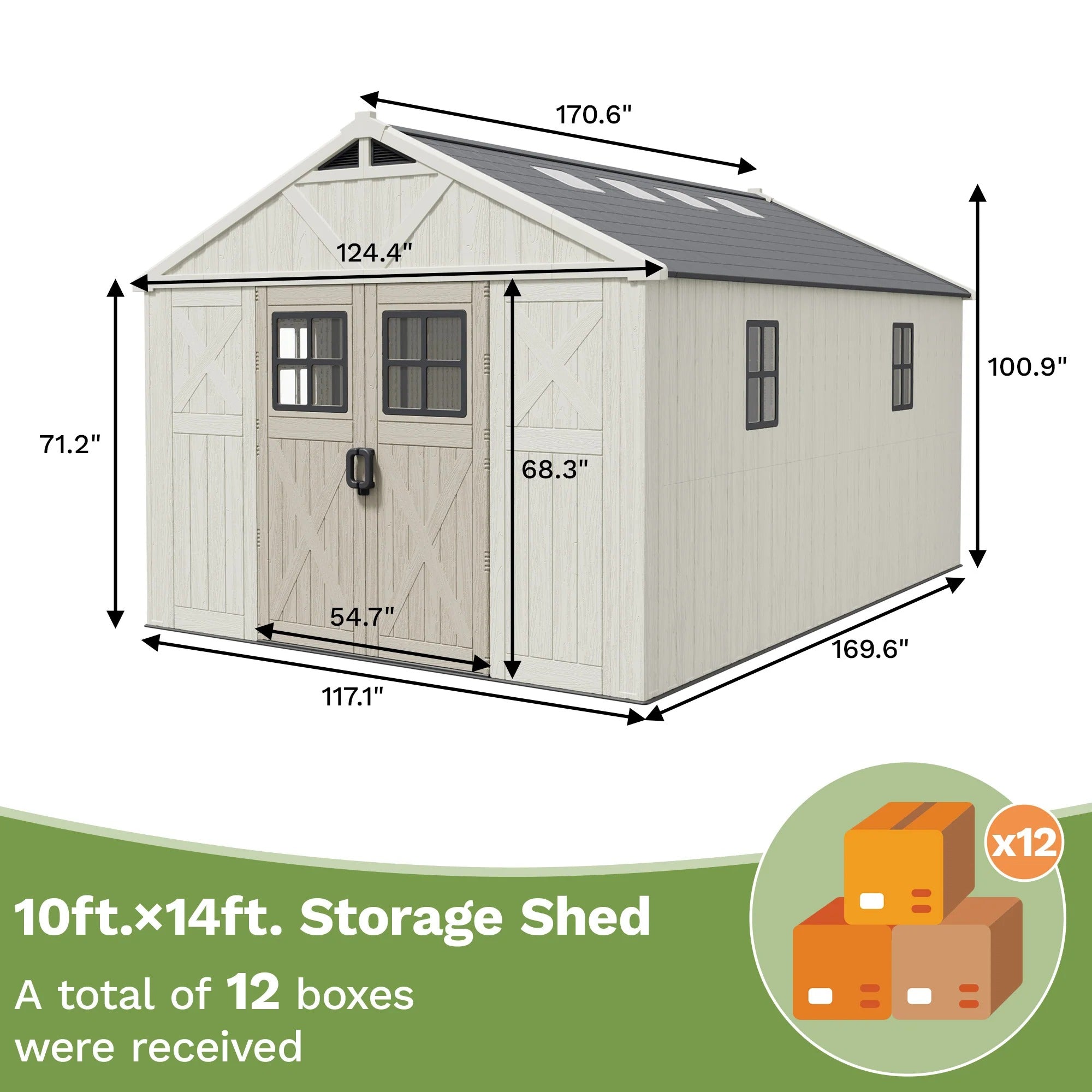 10x14 ft Kick-it Plastic Storage Shed with Skylight & Windows