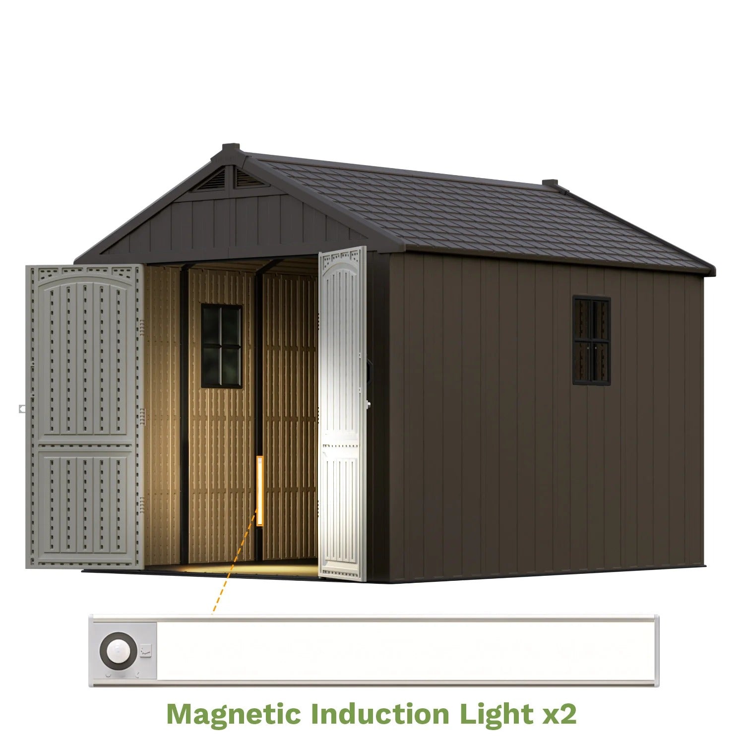 Kick-it 8x10 Plastic Storage Shed with Floor and Lights, Brown