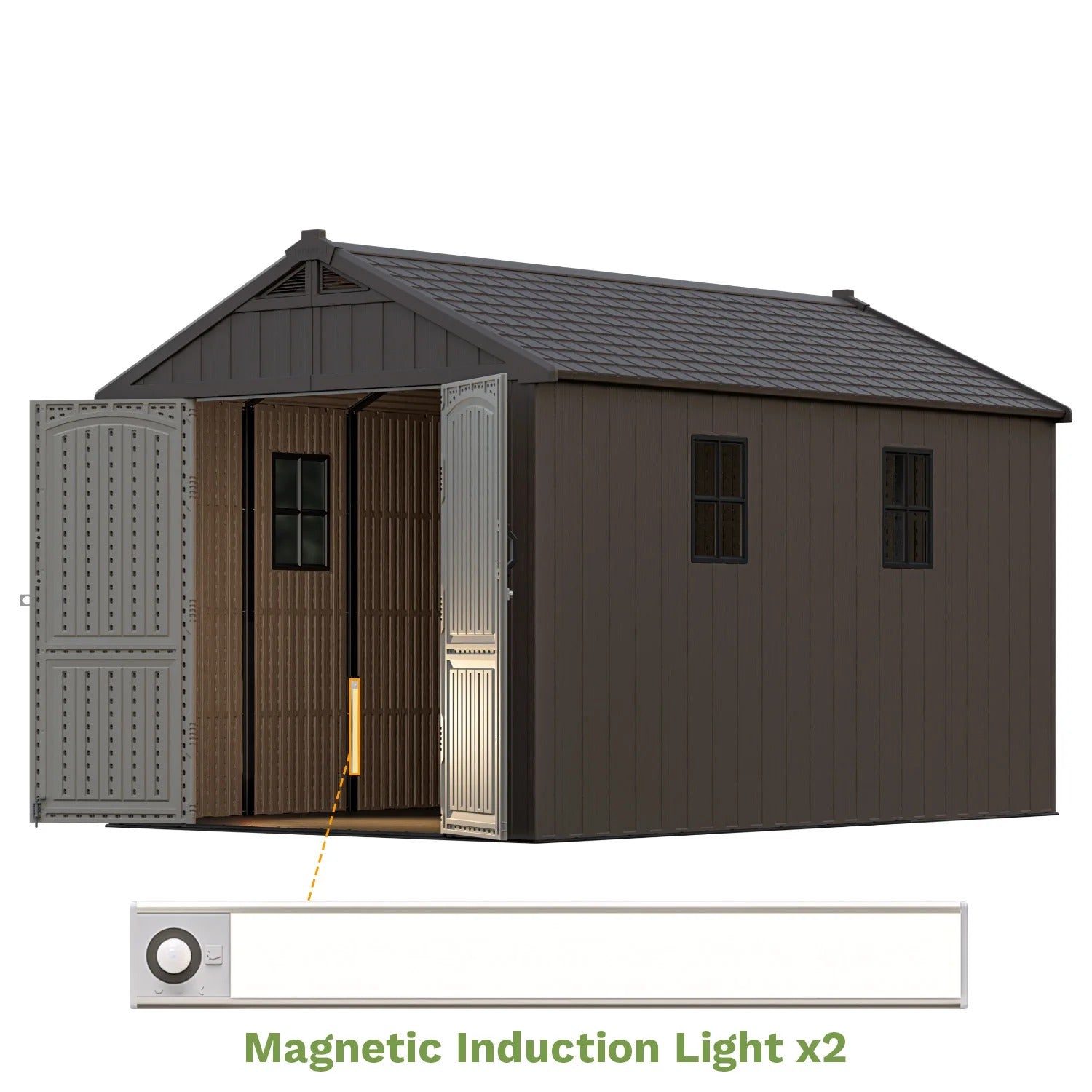 Kick-it 8x12 Plastic Storage Shed with Floor and Lights, Brown