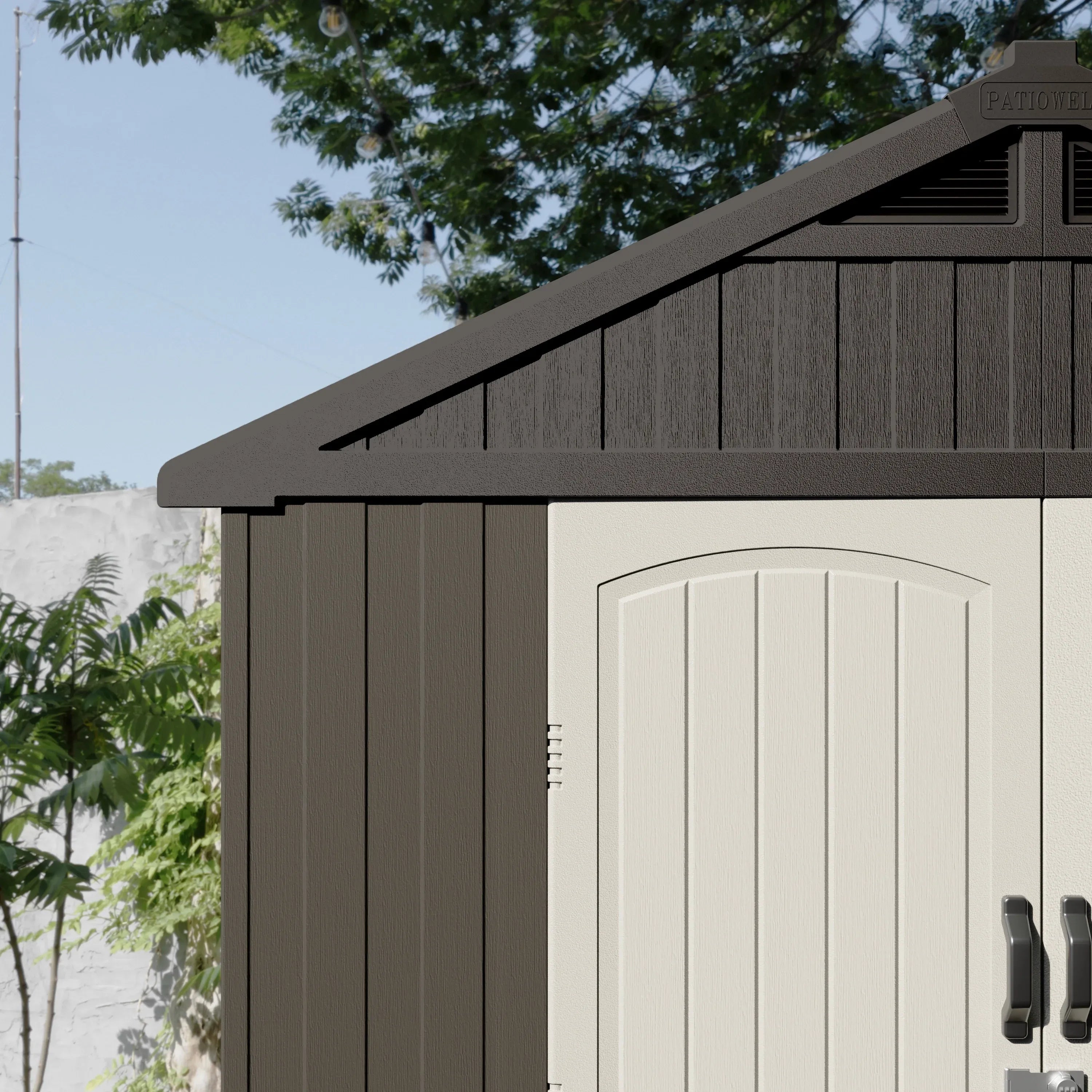 Kick-it 8x8 Plastic Storage Shed with Floor and Lights, Brown