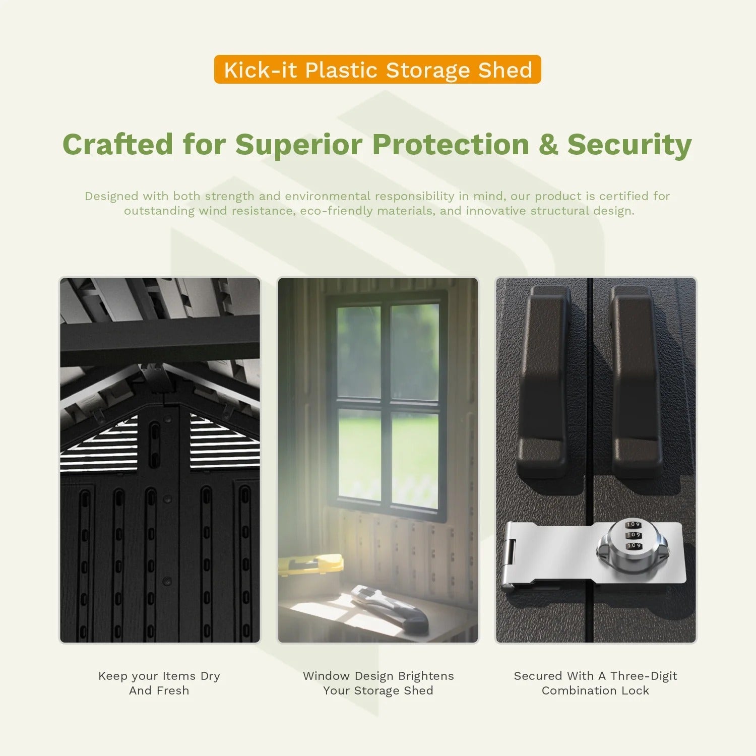 Kick-it 8x6 Plastic Storage Shed with Floor and Light, Brown