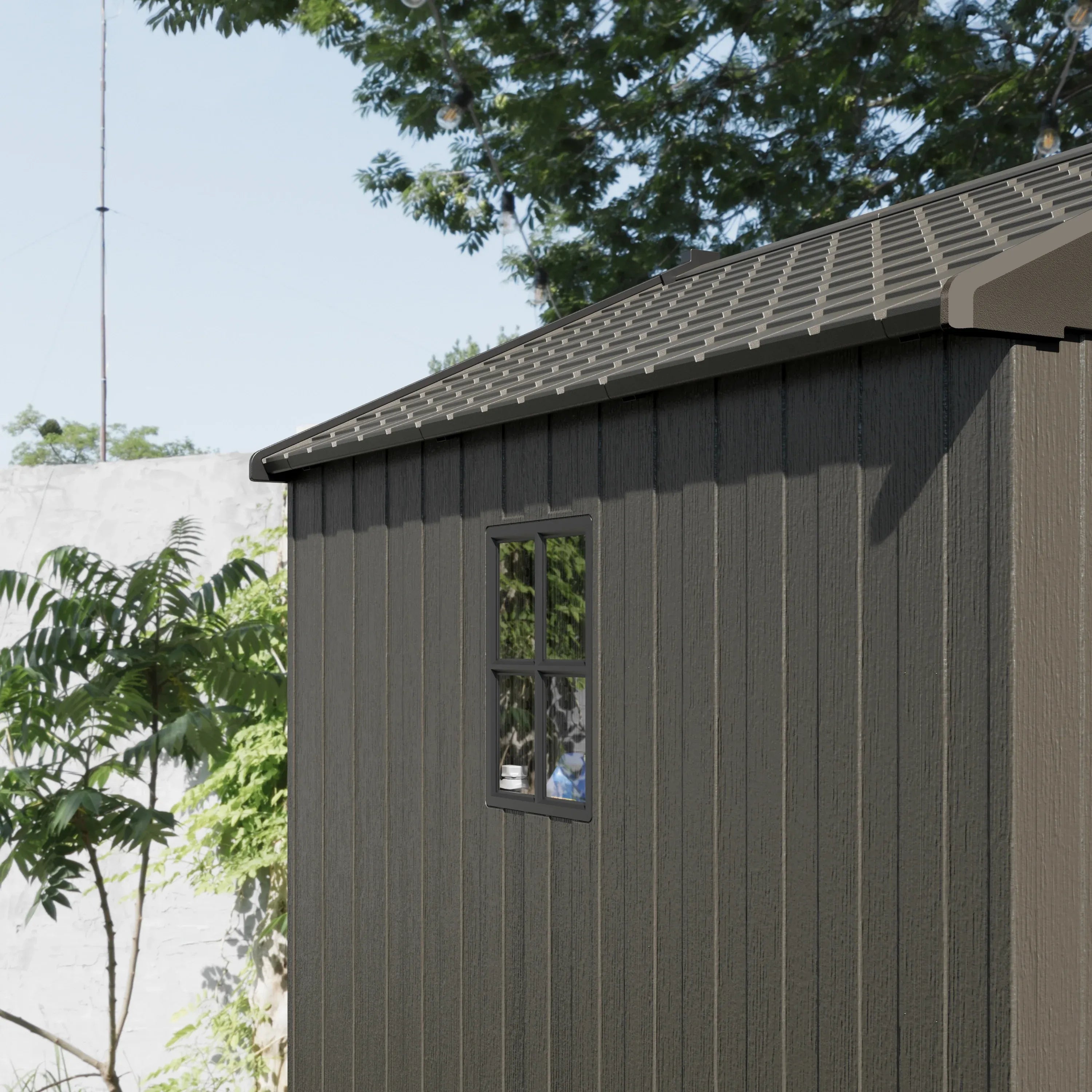 Kick-it 8x8 Plastic Storage Shed with Floor and Lights, Brown