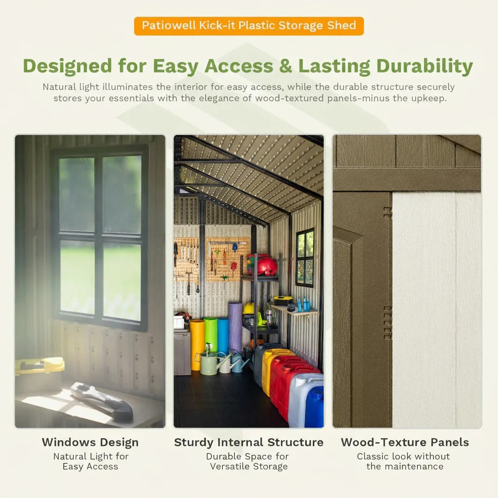 Kick-it 8x12 Plastic Storage Shed with Floor, Khaki & Beige