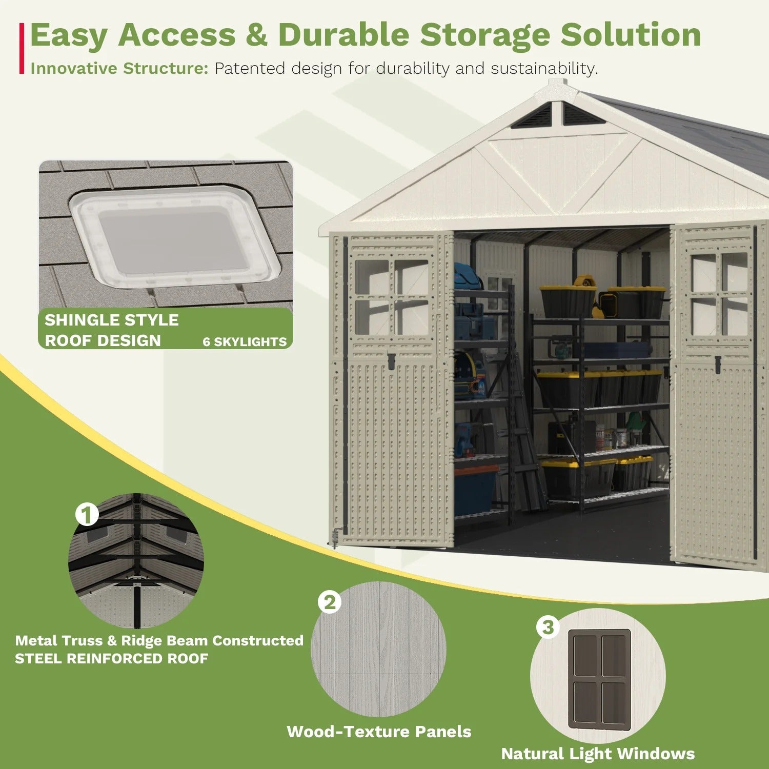 10x12ft Resin Storage Shed with Skylight & Lockable Door & Windows