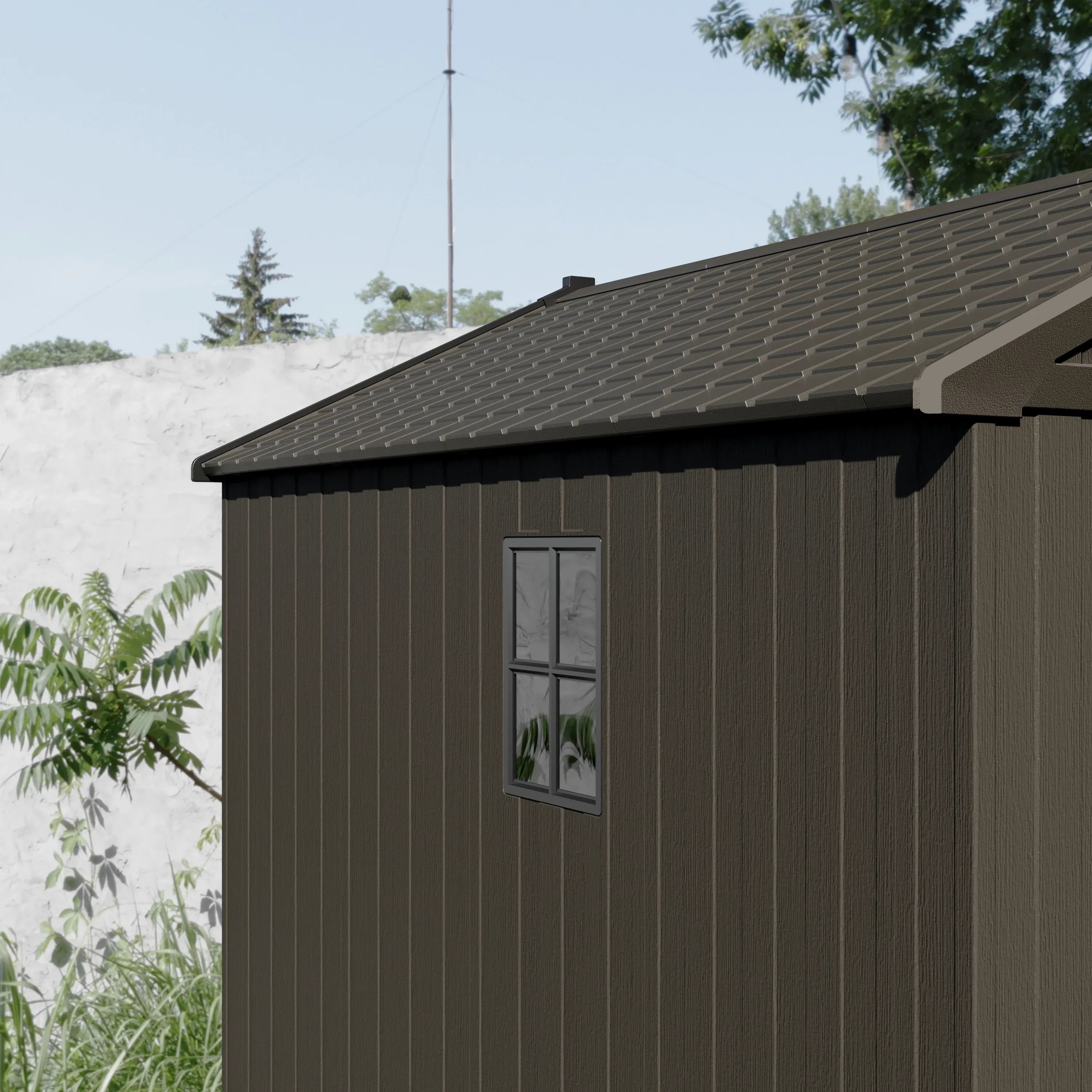 Kick-it 8x10 Plastic Storage Shed with Floor and Lights, Brown