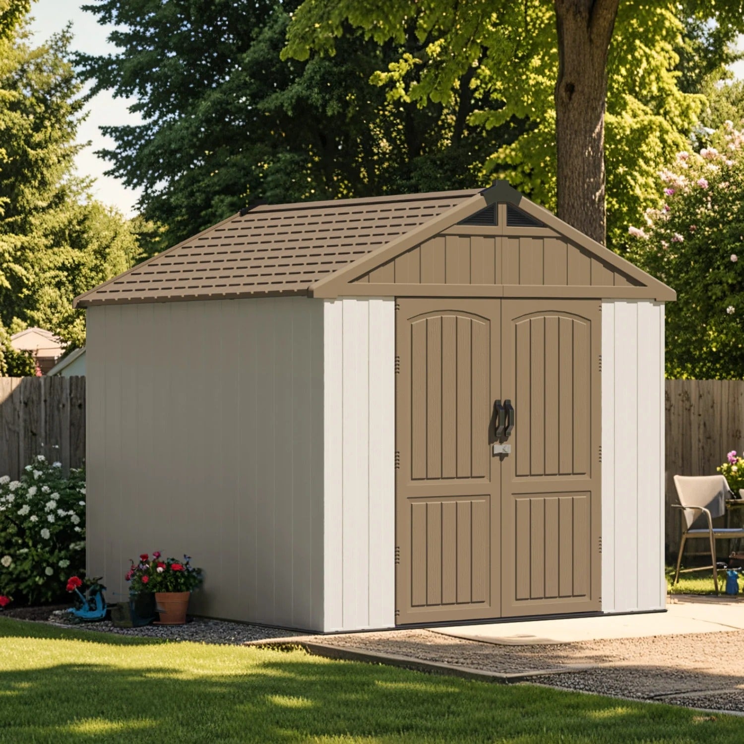 Kick-it 8x8 Plastic Storage Shed with Floor, Khaki & Beige