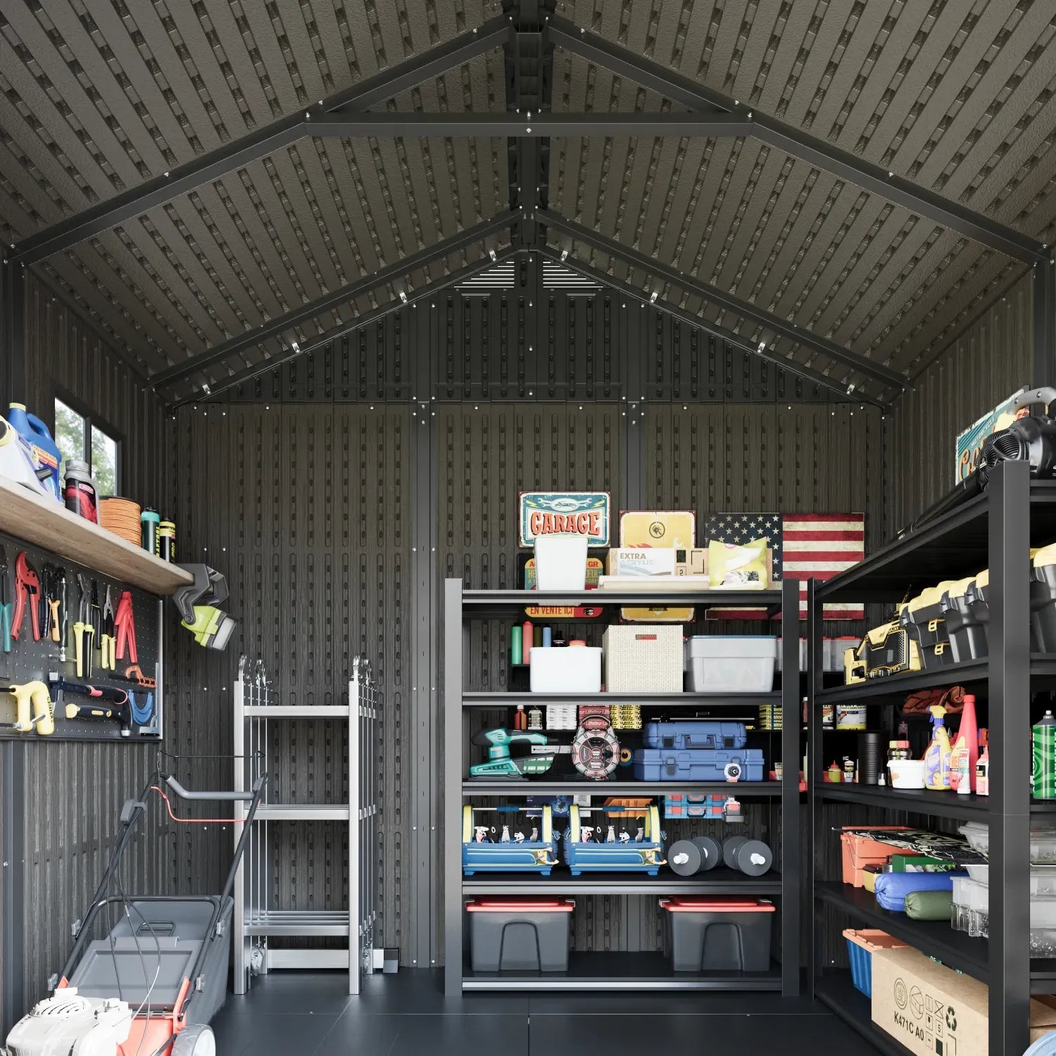 Kick-it 8x6 Plastic Storage Shed with Floor and Light, Brown