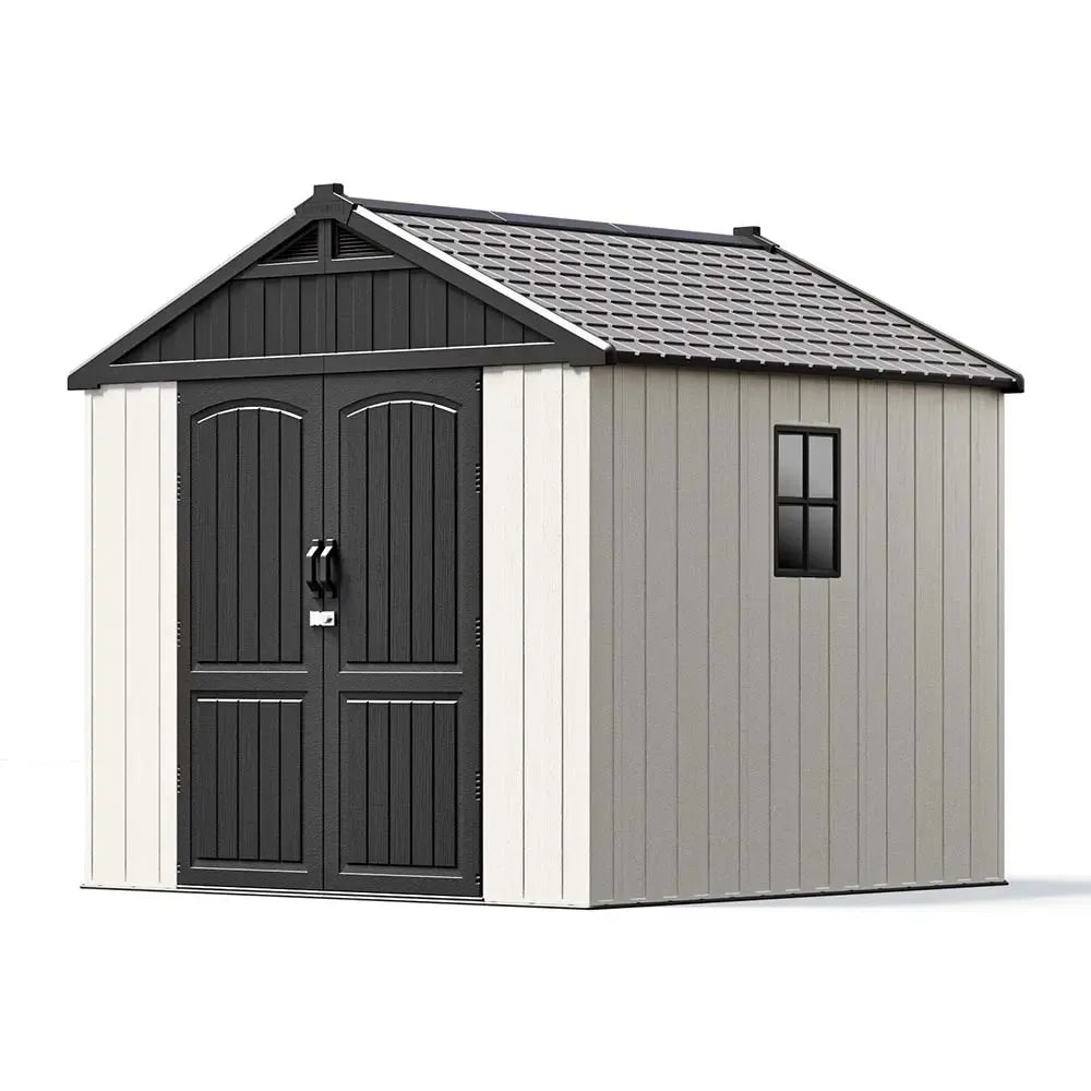 Kick-it 8x8 Plastic Storage Shed with Floor and Windows, Gray White