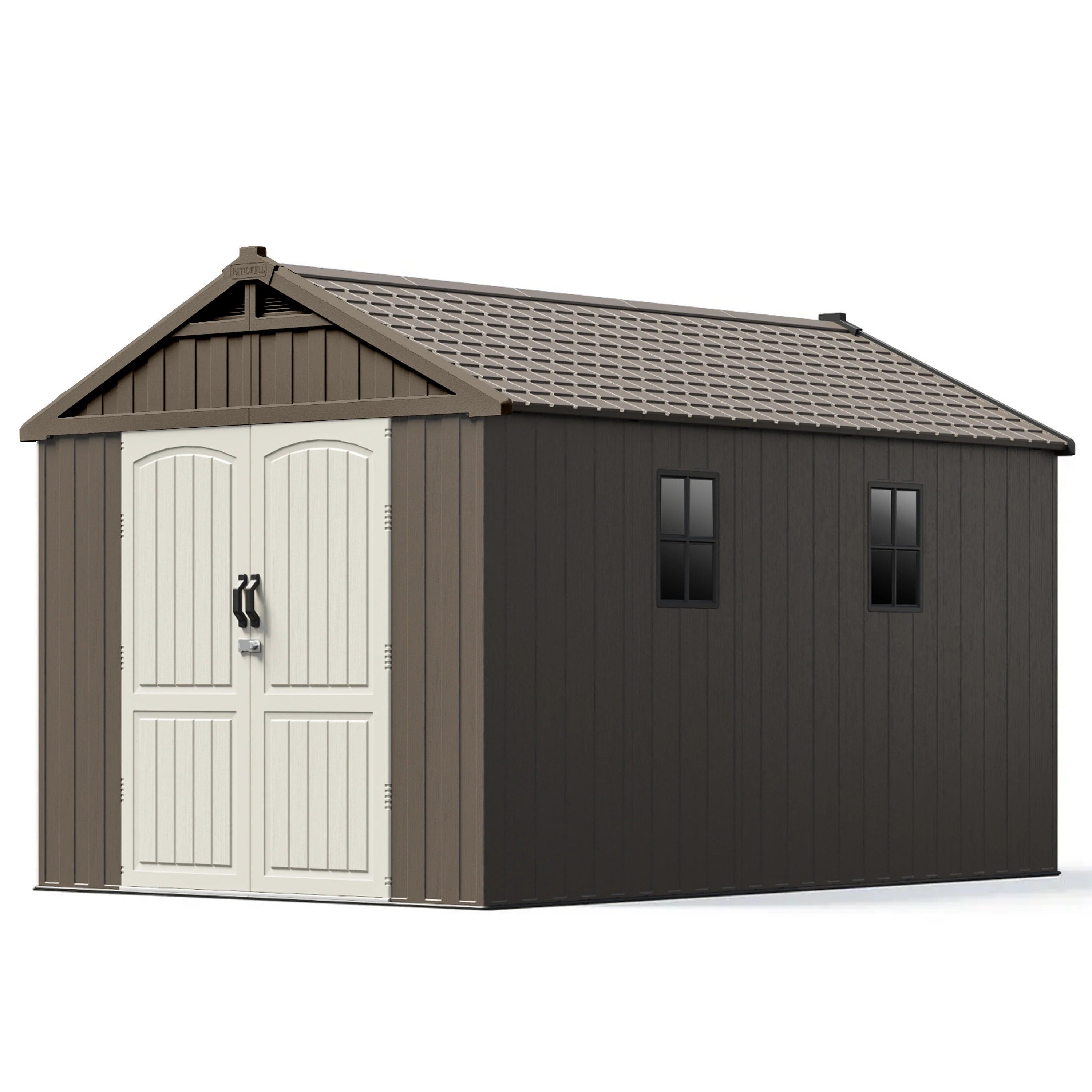 Kick-it 8x12 Plastic Storage Shed with Floor and Lights, Brown