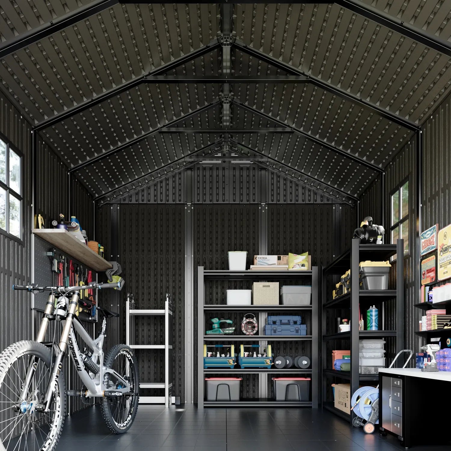 Kick-it 8x10 Plastic Storage Shed with Floor and Lights, Brown