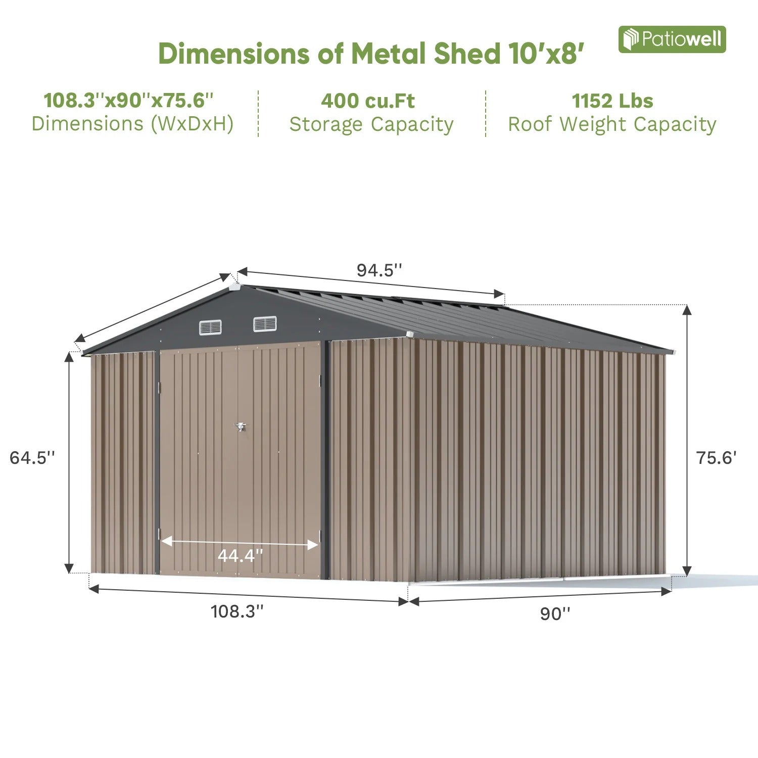 Patiowell 10x8 Metal Shed with Weather Resistance, Brown